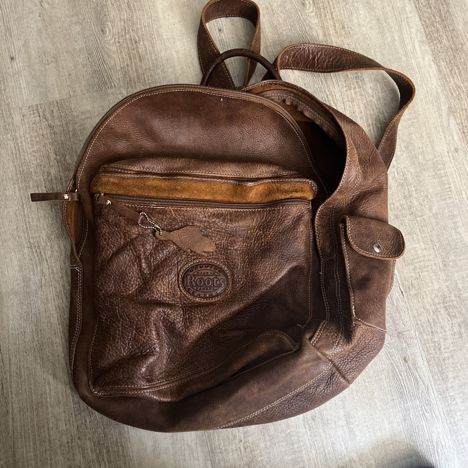 Vintage ROOTS Canada Brown Leather Backpack Student Rucksack Daypack Distressed