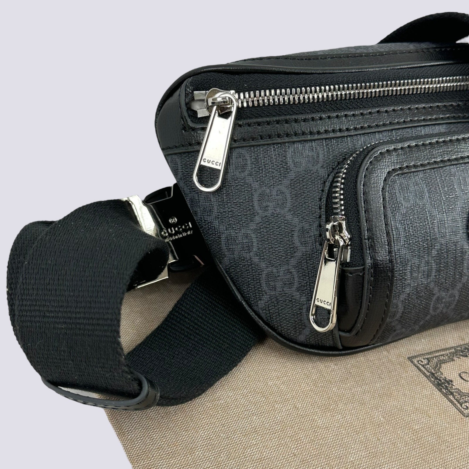 Gucci GG Monogram Logo Interlocking G Canvas Crossbody Belt Bag Black 682933