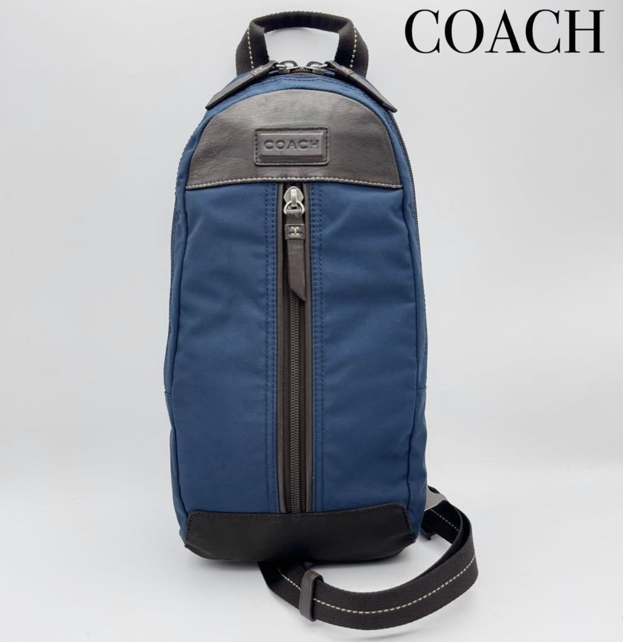 Coach Men’s Blue/Brown Solid Sling Bag Zip Closure Adjustable Shoulder Strap