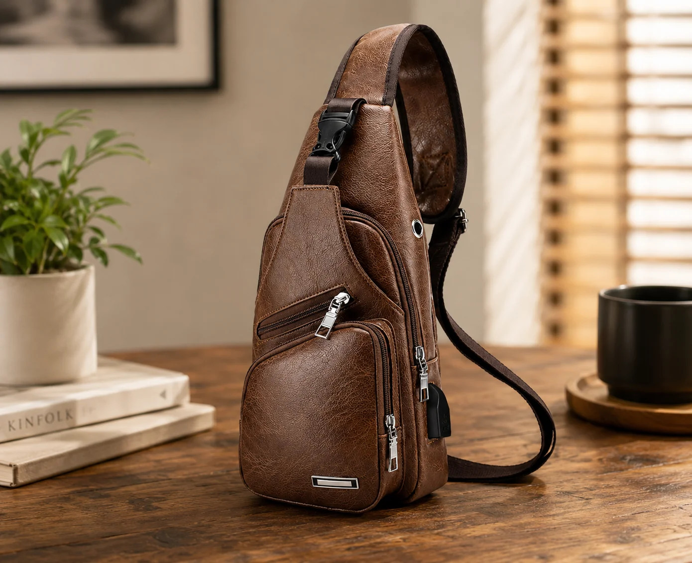 Brown Chest Crossbody Bag Sling Backpack with USB Charge Port Men Hole