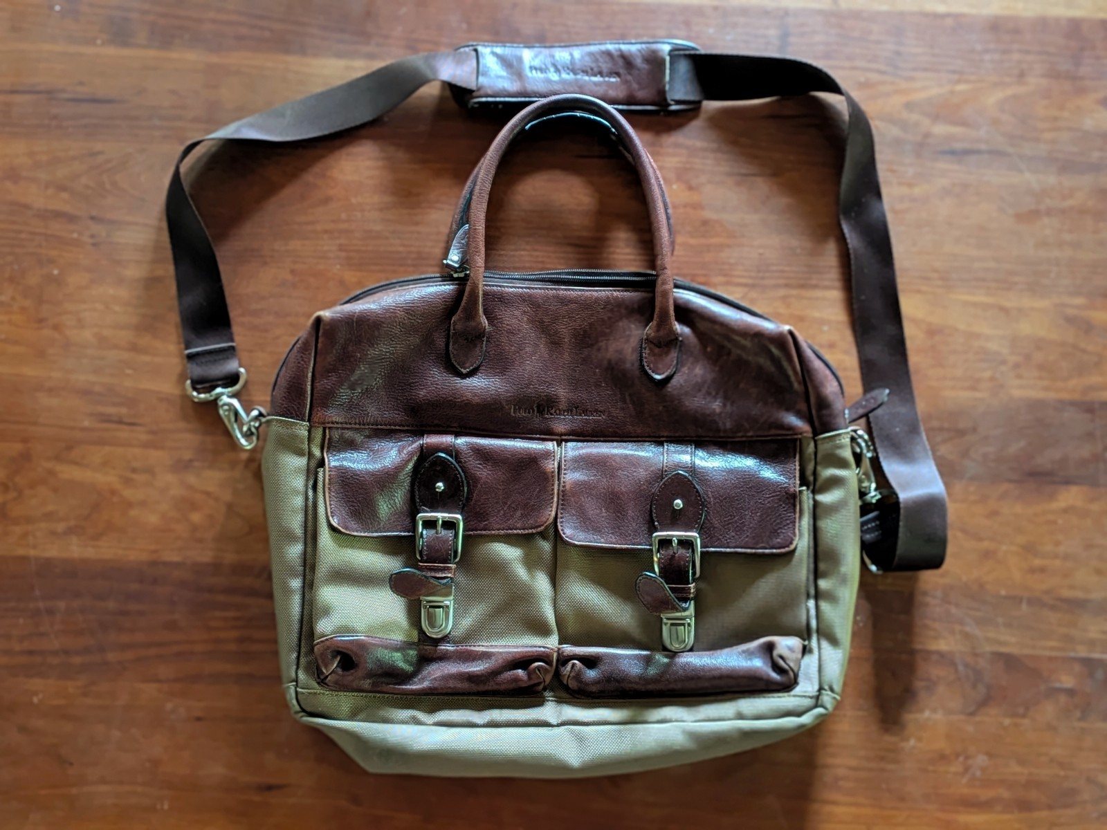 POLO RALPH LAUREN Tan & Brown Leather Messenger Bag Crossbody Shoulder Bag