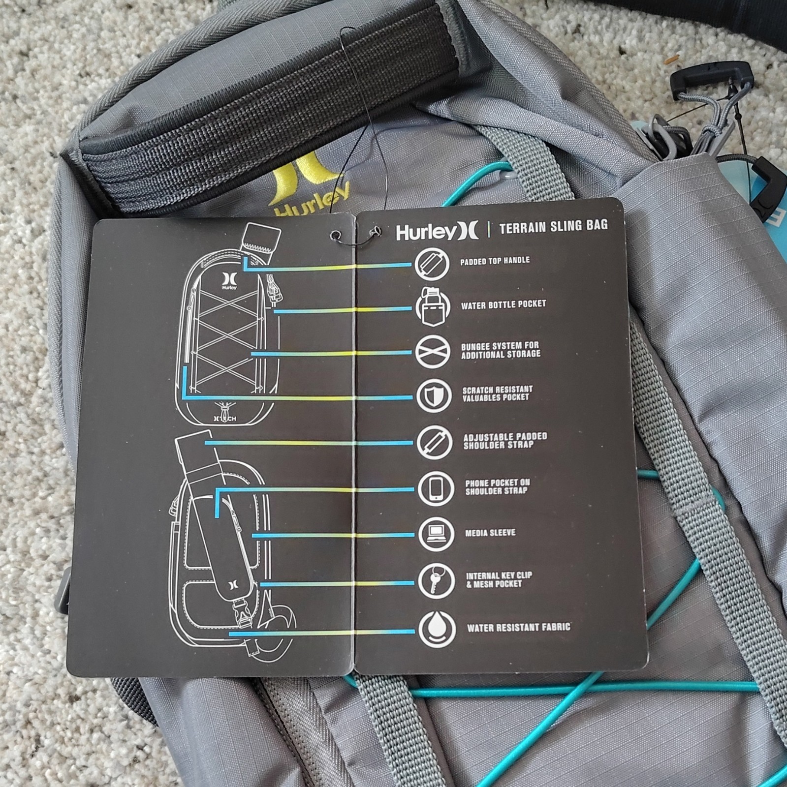 Hurley Gray Sling Bag Water Resistant Outdoor Multiple Pockets Phone Pocket