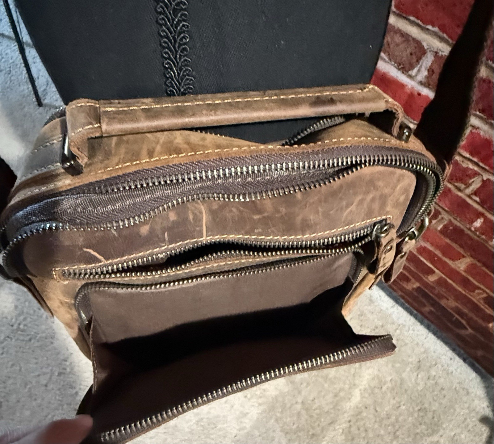 Brown Bomber Leather Crossbody Bag Zip Closure Adjustable Strap Unisex Casual