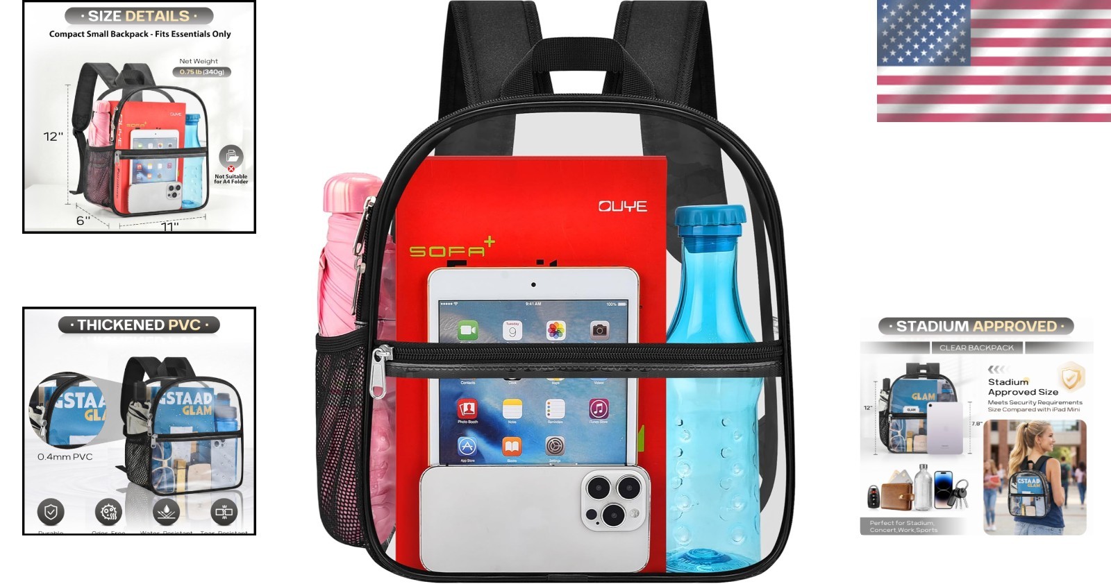 Versatile Black Clear Backpack for Concerts and Festivals – Stadium Approved