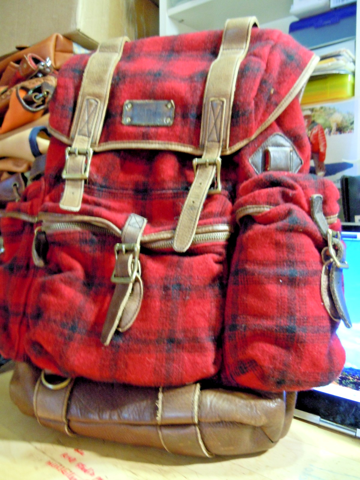 VTG LL Bean BACKPACK RUCKSACK wood Plaid Brown LEATHER Large “. #9