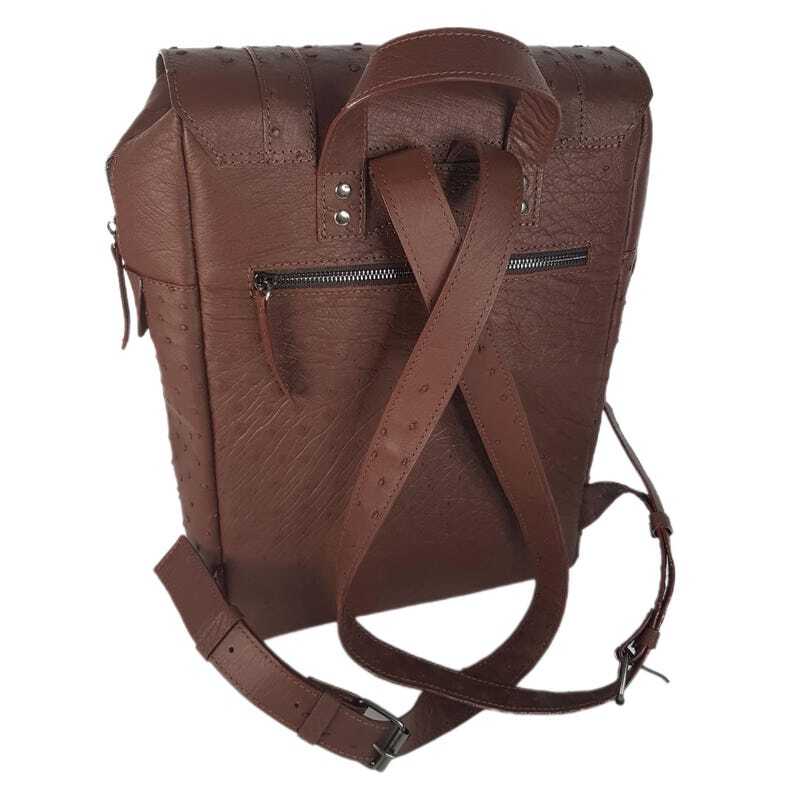 Men’s Backpack GENUINE Ostrich Leather Exotic Luxury Large Brown Bag for Laptop