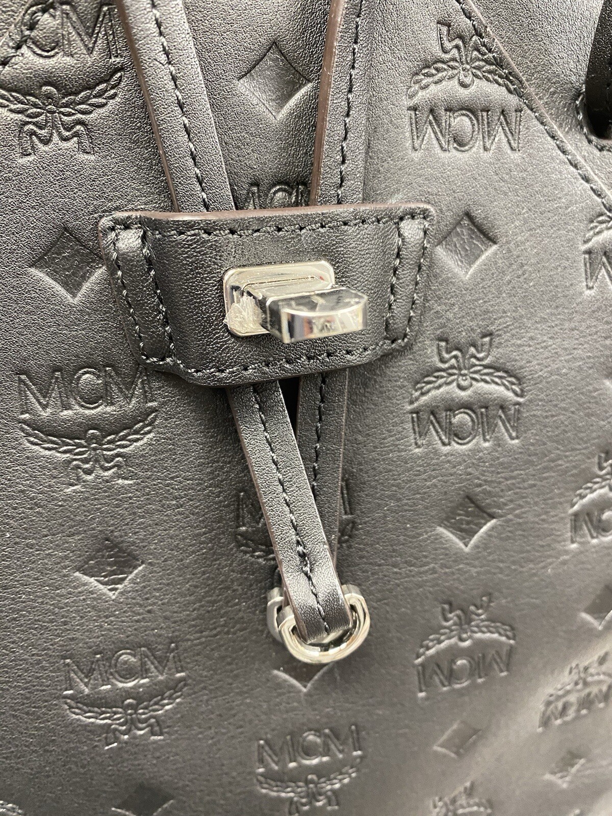 MCM Essential Monogram Leather Small Backpack In Charcoal 10×8.5×4.5 Dark Brown