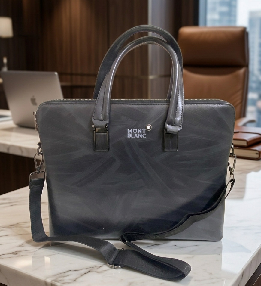 Luxury Montblanc Leather Grey Briefcase Laptop Bag- Dual Zip- Adjustable Strap