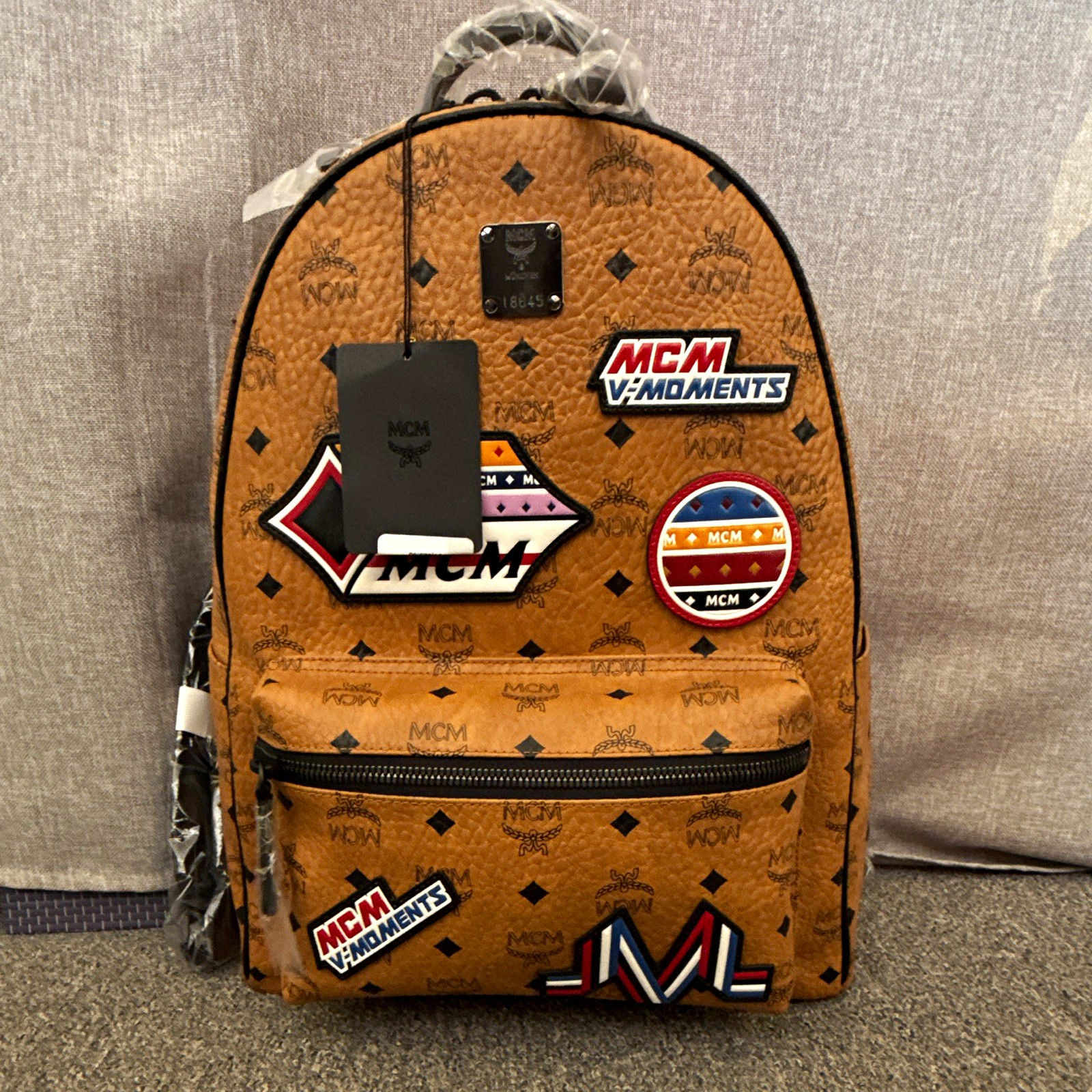 MCM Visetos Monogram Brown Zip Medium Backpack w/ Patches, Top Handle