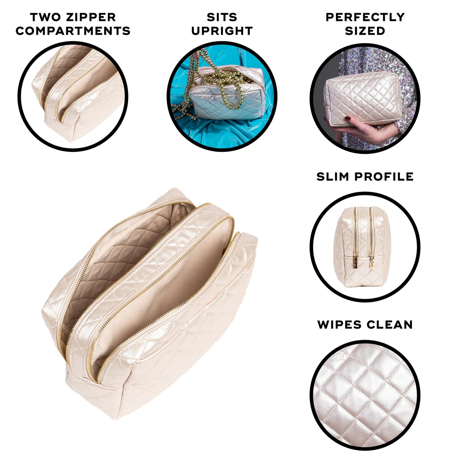 SCOUT 2-Way Toiletry Bag, Two Zipper Compartments, Medium, Champagne Quilted