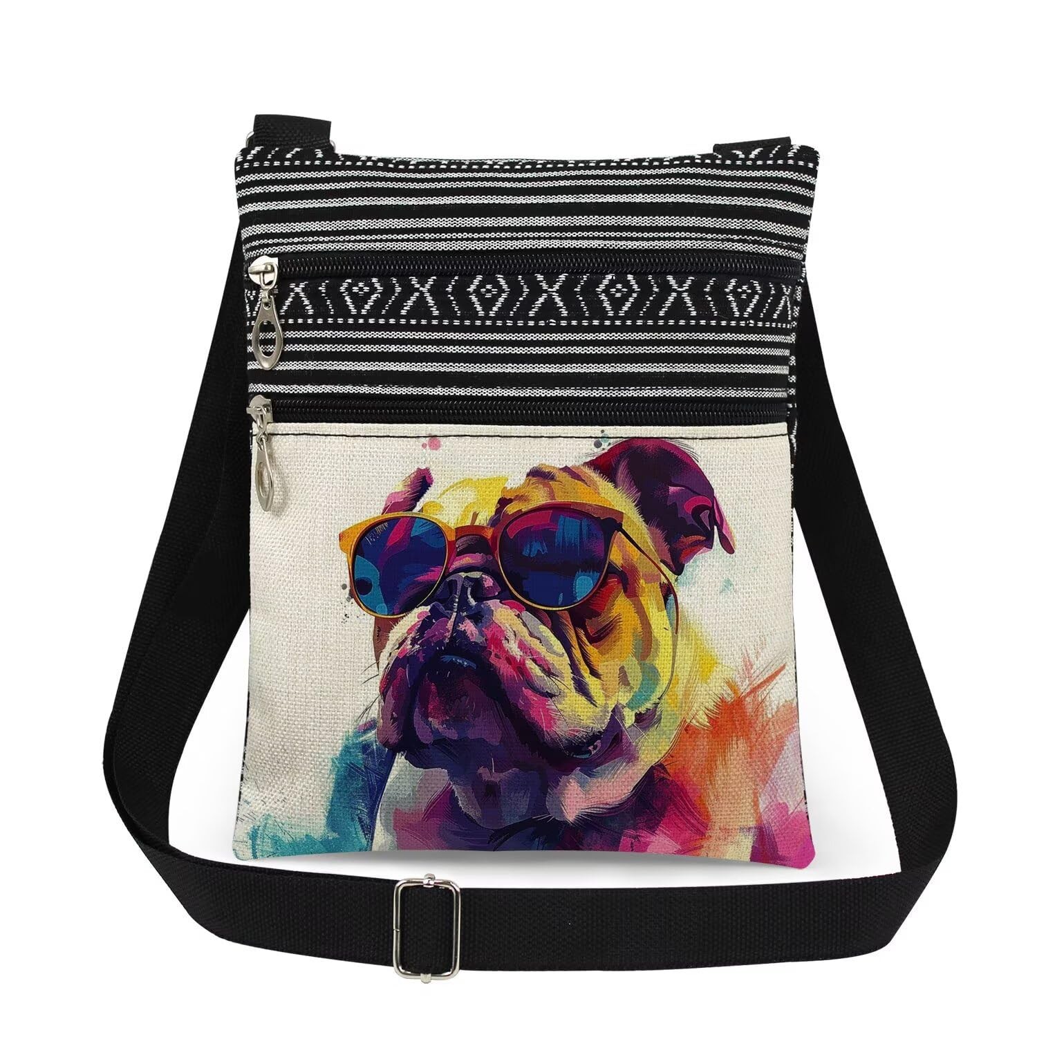 Watercolor Dog Crossbody Bag Bulldog with Sunglasses Print Messenger Bag for …