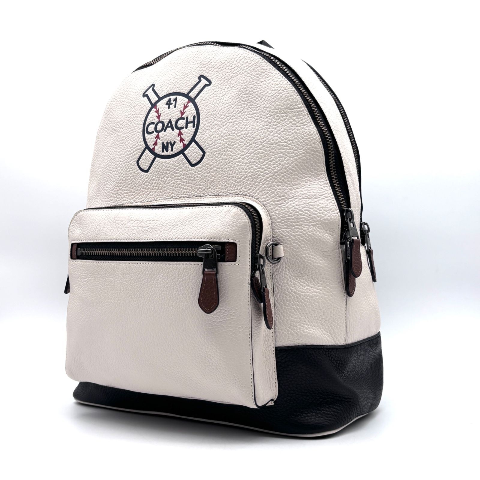 Coach Baseball Applique Leather Backpack Unisex White Black Large Capacity