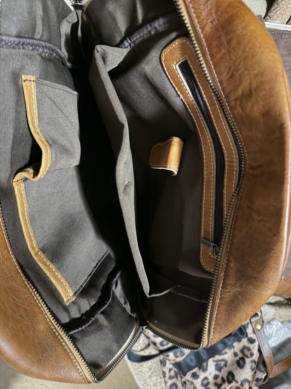 Leather Brown Backpack Buckle Flap Zip Closure Adjustable Strap Outer Pockets