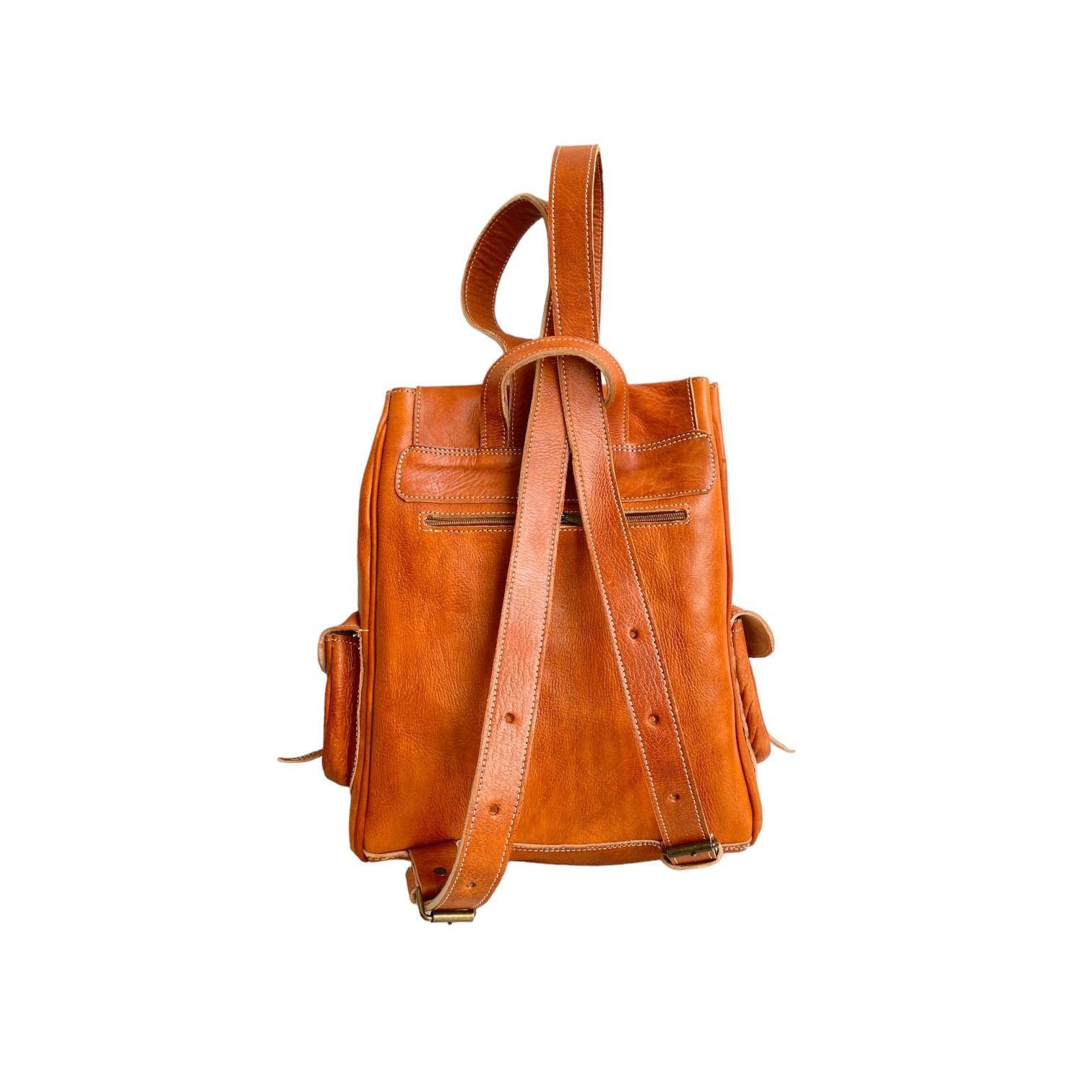 Cognac Leather Backpack Handmade Morocco Button Closure Back Zip Pocket
