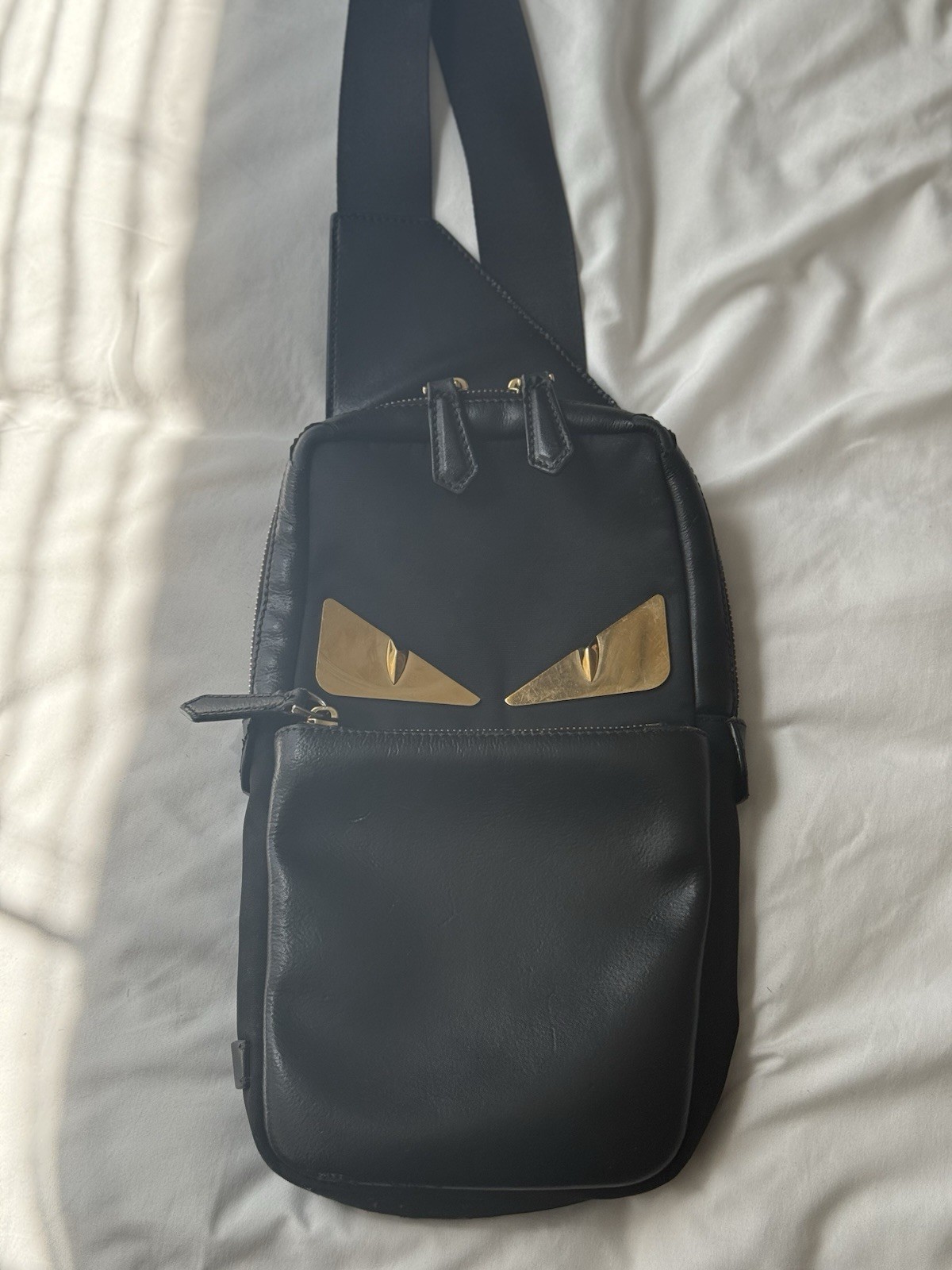 Fendi Monster Men’s Crossbody Bag Black Gold Red Zipper Animal Theme