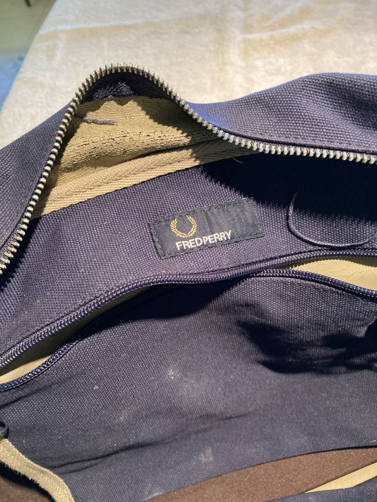 Distressed Fred Perry Leather And Canvas Blue Tote Bag
