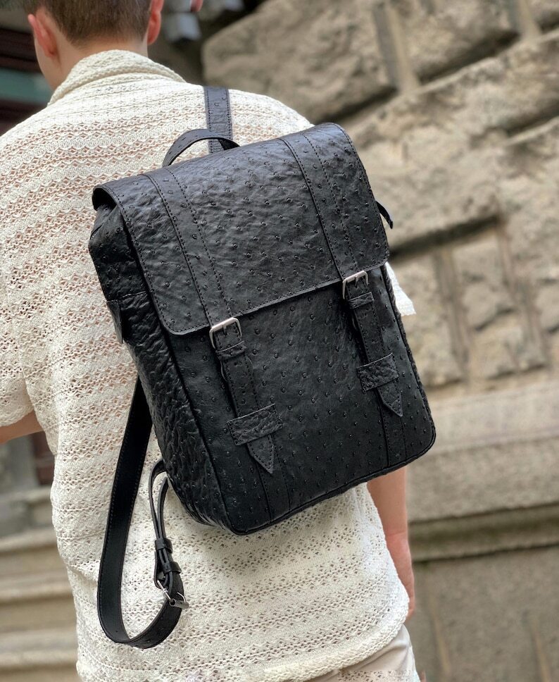 Men’s Backpack GENUINE Ostrich Leather Exotic Luxury Large Black Bag for Laptop