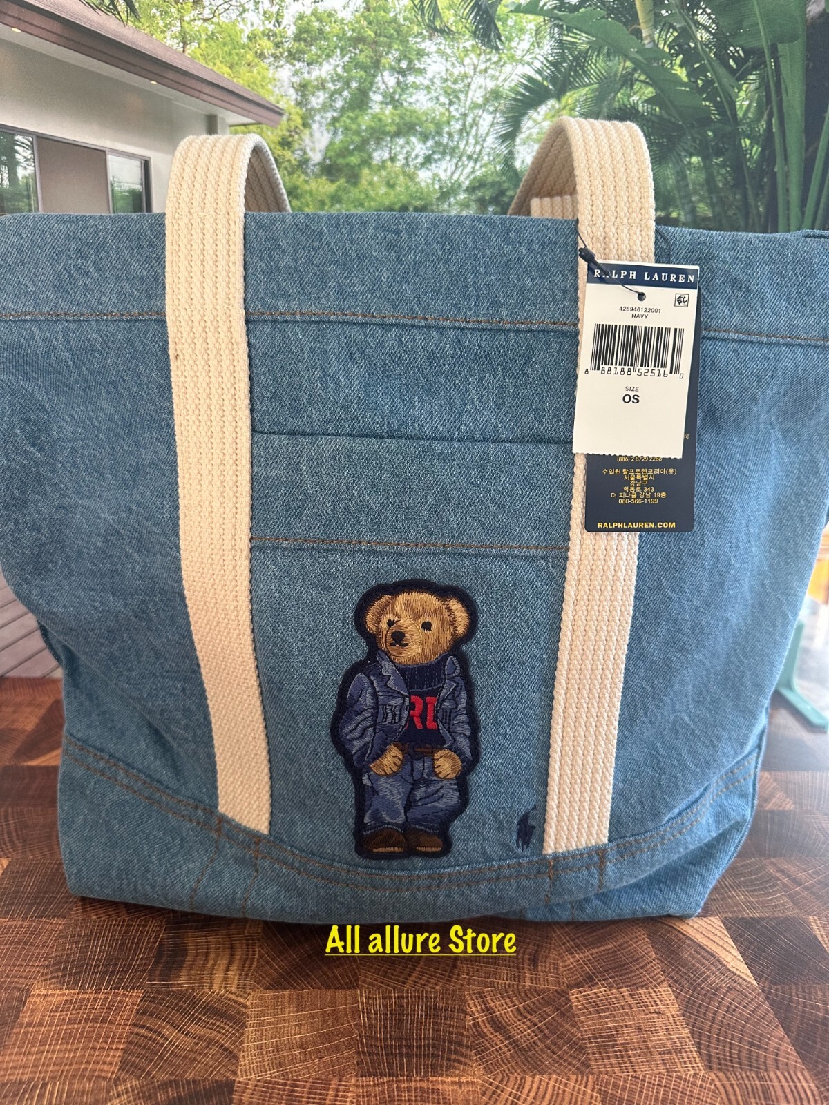 BN Polo Ralph Lauren Ralph’s Bear in denim jacket Canvas zip Tote denim NWT