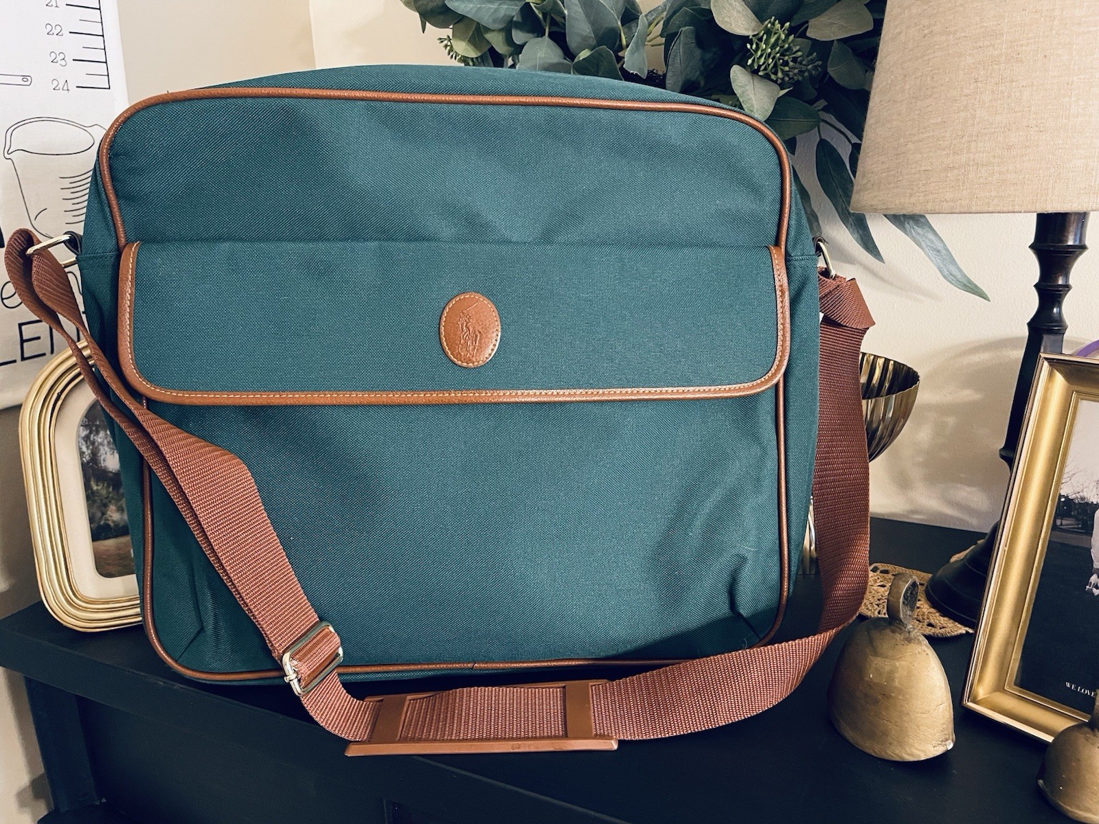 vintage ralph lauren messenger bag Hunter Green Canvas Brown Strap Gold Accents