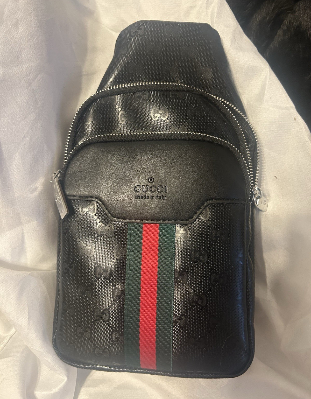 Gucci GG Monogram Web Stripe Black Zip Crossbody Bag Medium Men Adjustable