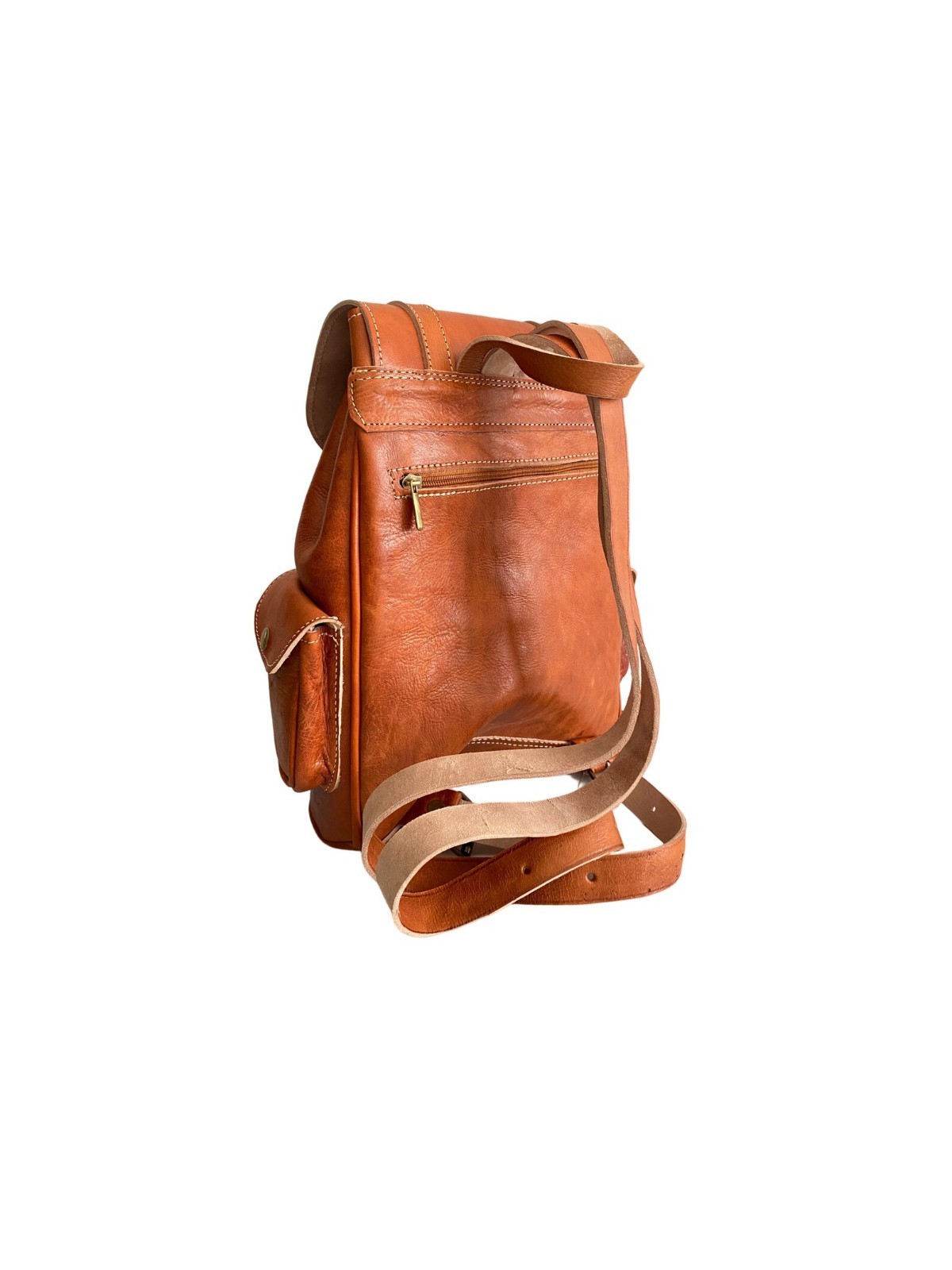Cognac Leather Backpack Handmade Morocco 2 Pockets Genuine Leather Bag