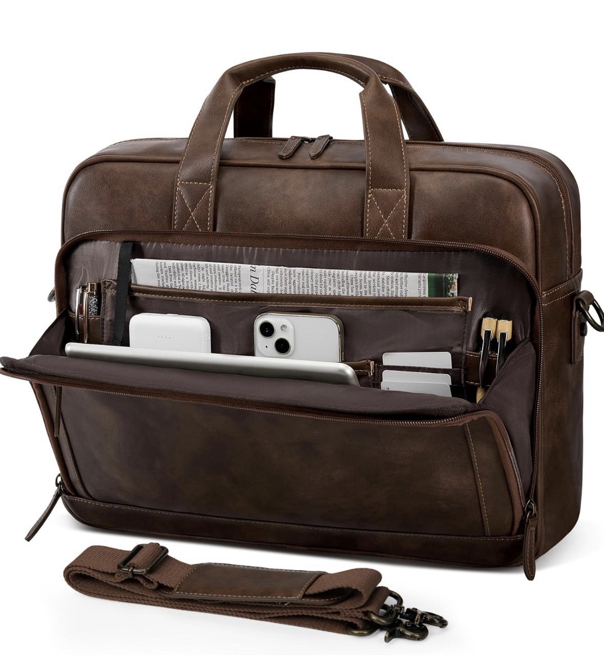 Mens Laptop Bag 16” Leather Briefcase Messenger Bag , Dark Brown