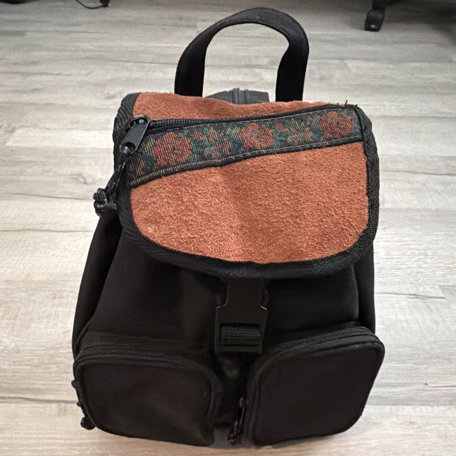 Vintage 1990s Drawstring Mini Backpack w/ Flap, Zip Pockets, Adjustable Straps