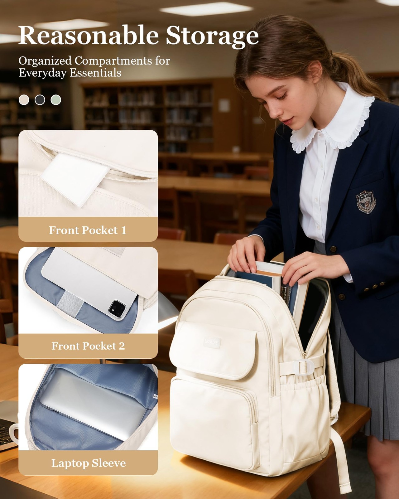 White Cute Middle School Backpack Teen Girls Waterproof Travel Laptop Bookbag
