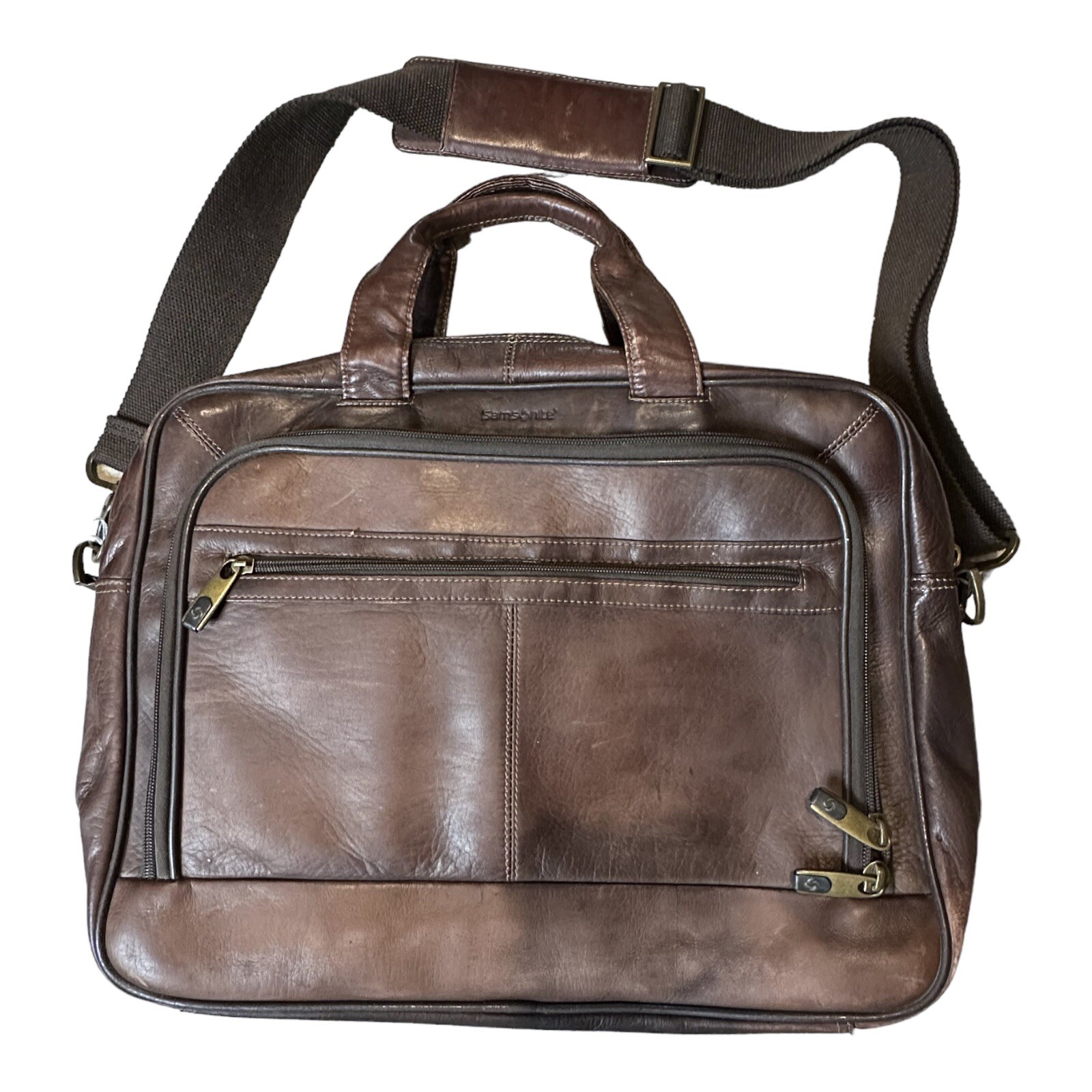 Classic Samsonite Genuine Leather Laptop Shoulder Strap Briefcase Brown