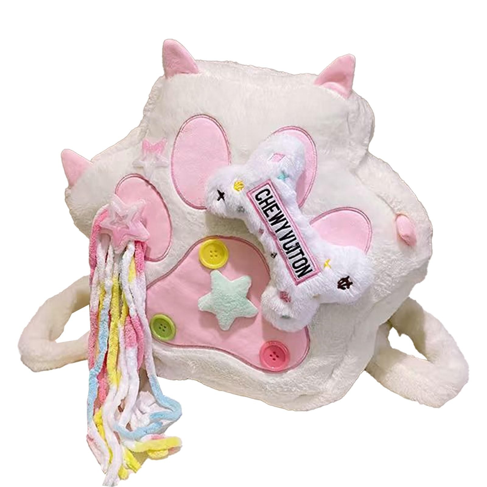 Kawaii Cat’s Paw Shaped Plush Backpack With Stars and Tassels for Women Cute …