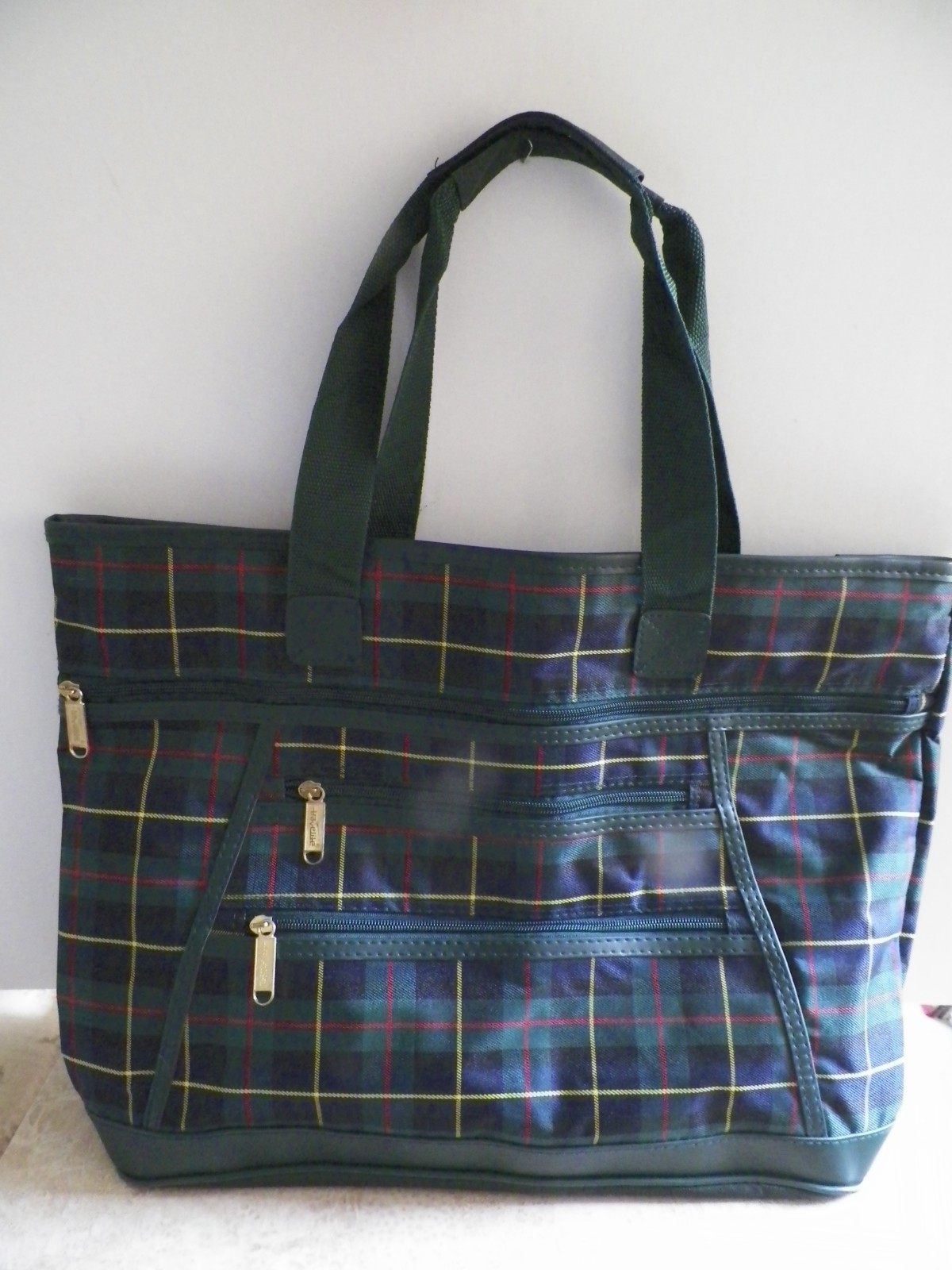 Vintage Travelite Green Tartan Plaid Carry-On Shoulder Tote Travel Bag