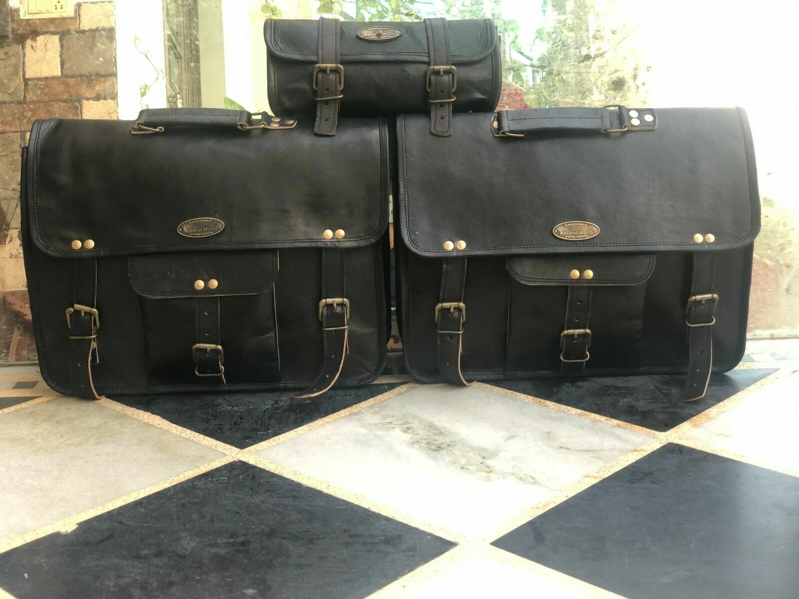Bags Leather Side Pouch Saddlebags Panniers 15 Inch Wide 3 Bags Motorcycle Large