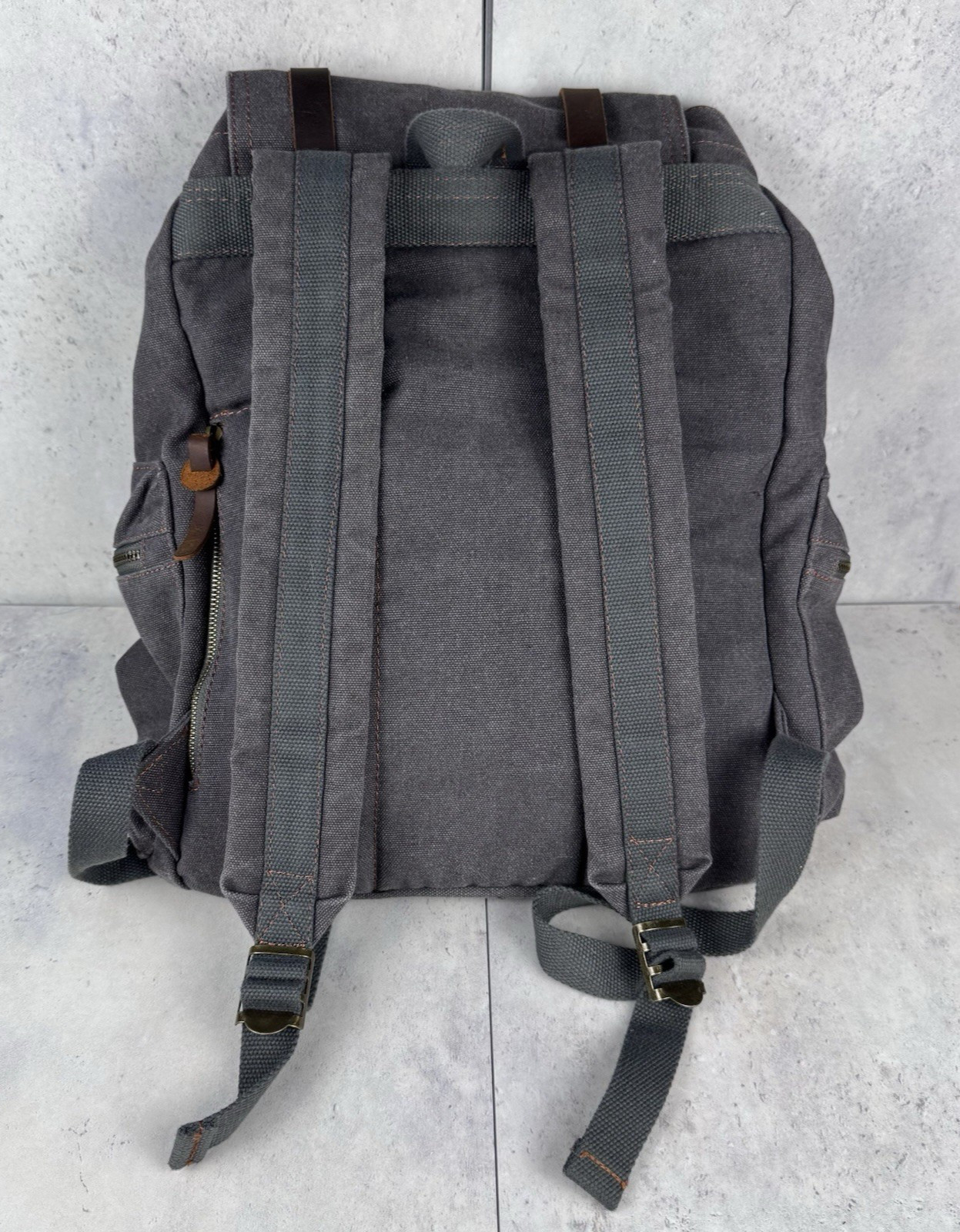 Augur Jans Canvas Backpack Gray Brown Drawstring Straps Hiking Boho READ