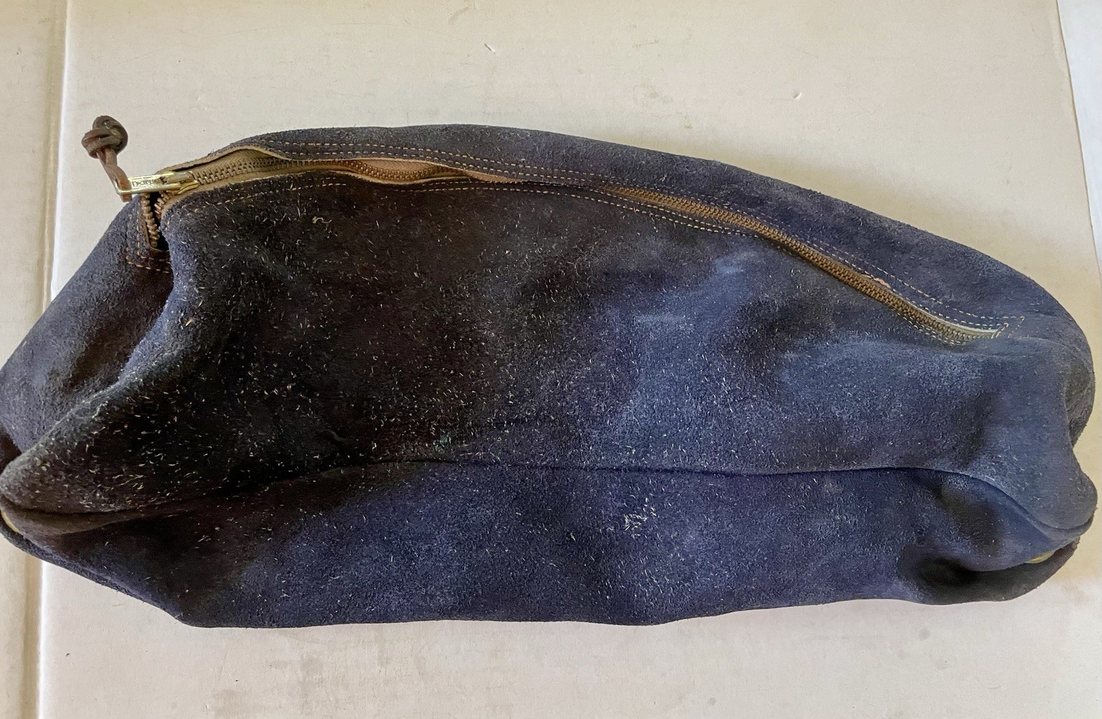 Vintage SUEDE Zippered Gear Bag Brass Zipper Distressed Western Navy 18×8” USA