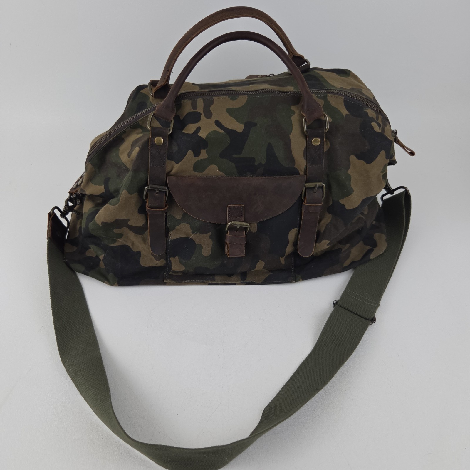 NEWHEY Weekender Leather Trim Waxed Cotton Duffle Bag Camouflage