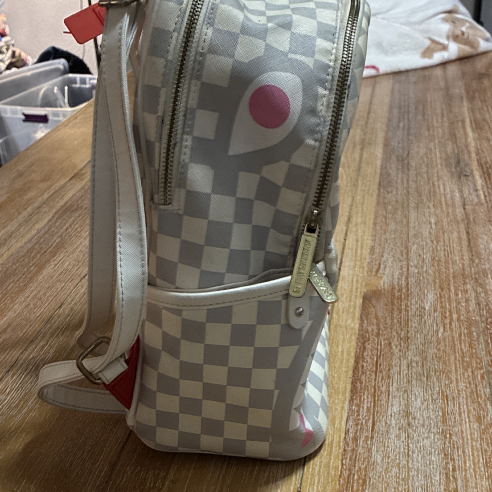 Sprayground Limited Edition Shark Mouth Checkered Backpack, Gray White Pink