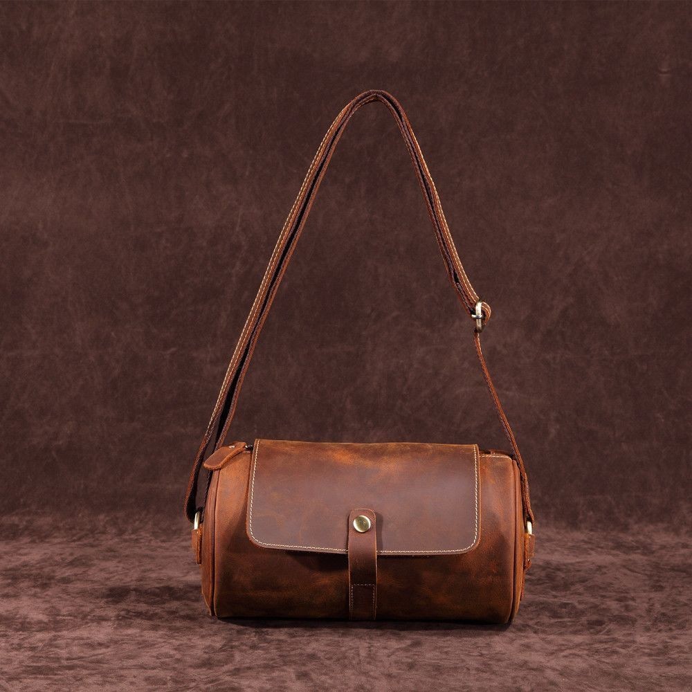 ⁠Vintage Crazy Horse PU Leather Cylinder Crossbody Bag Men Retro Motorcycle Shou