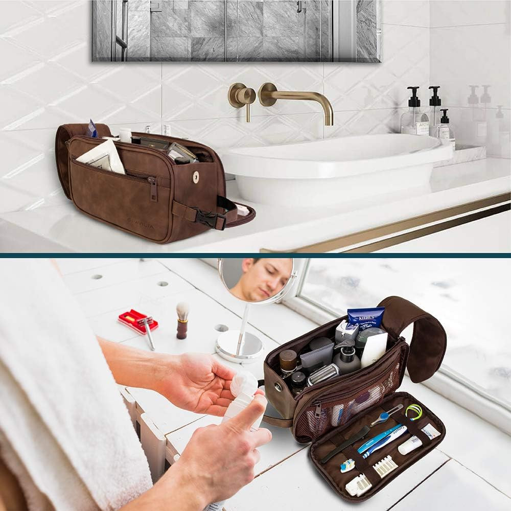 Men’s Travel Toiletry Bag PU Leather Dopp Kit Water Resistant Organizer Case