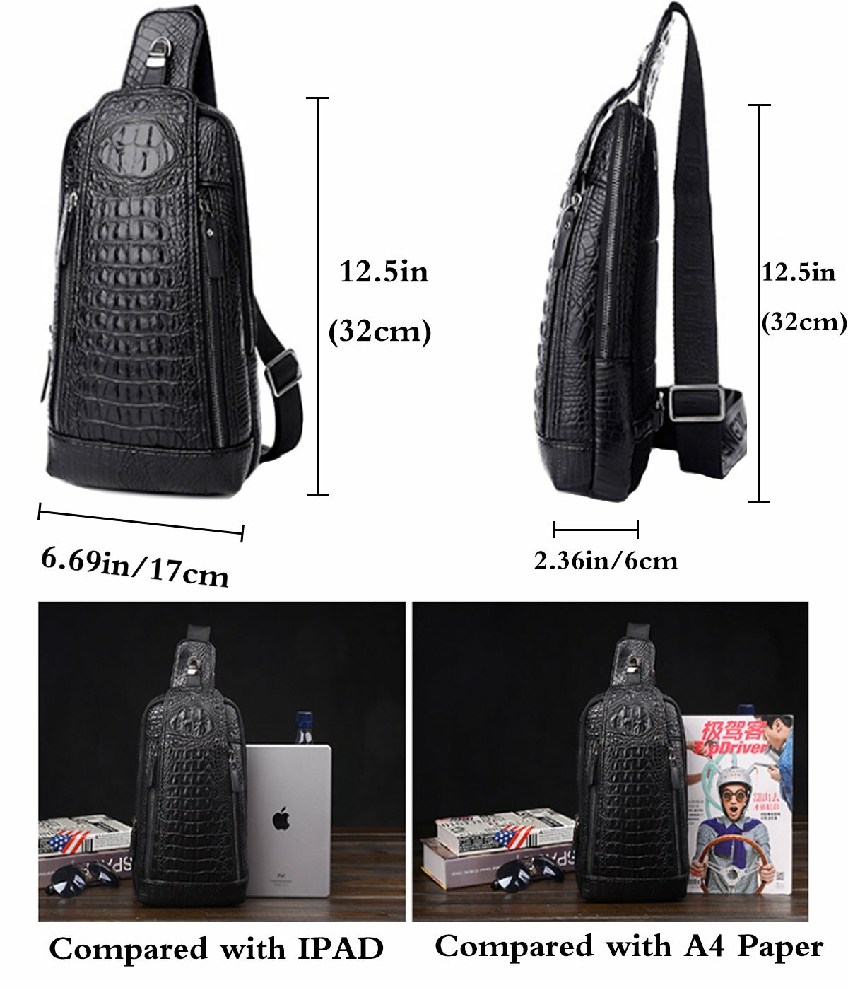 Men’s Crocodile Pattern Sling Bag Shoulder Crossbody Satchels Chest Bag Daypack