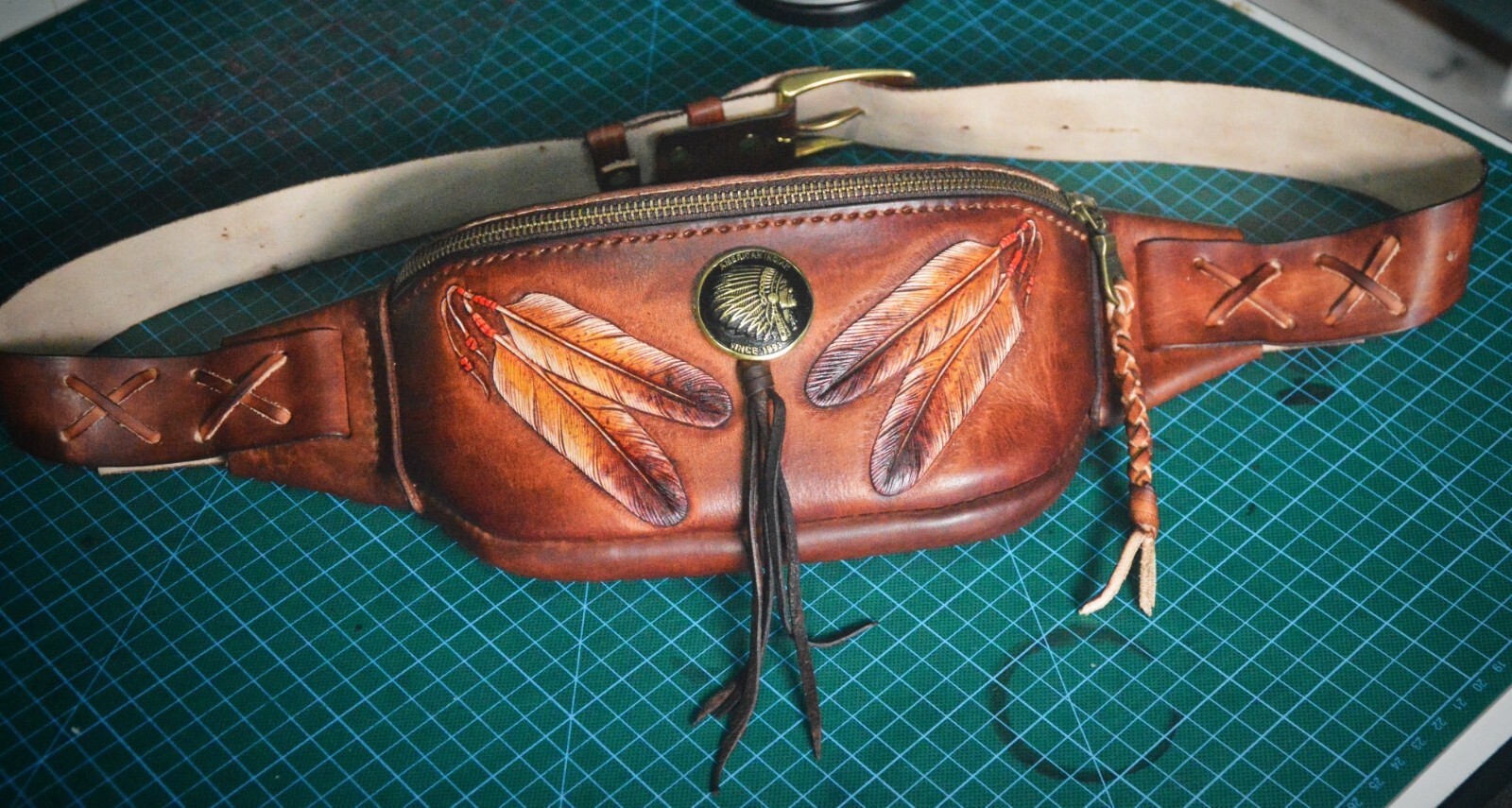 Men Leather Sling Crossbody Bag Hand Tooled Feather Native American Style