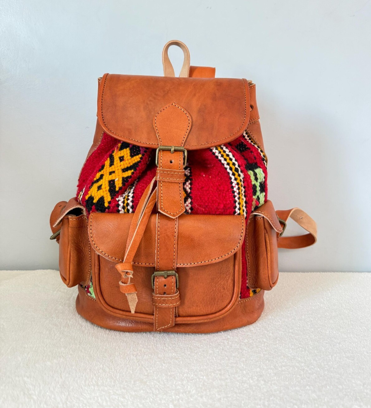 Handmade Genuine Leather & Red Kilim Backpack – Cognac Moroccan Artisan Backpack