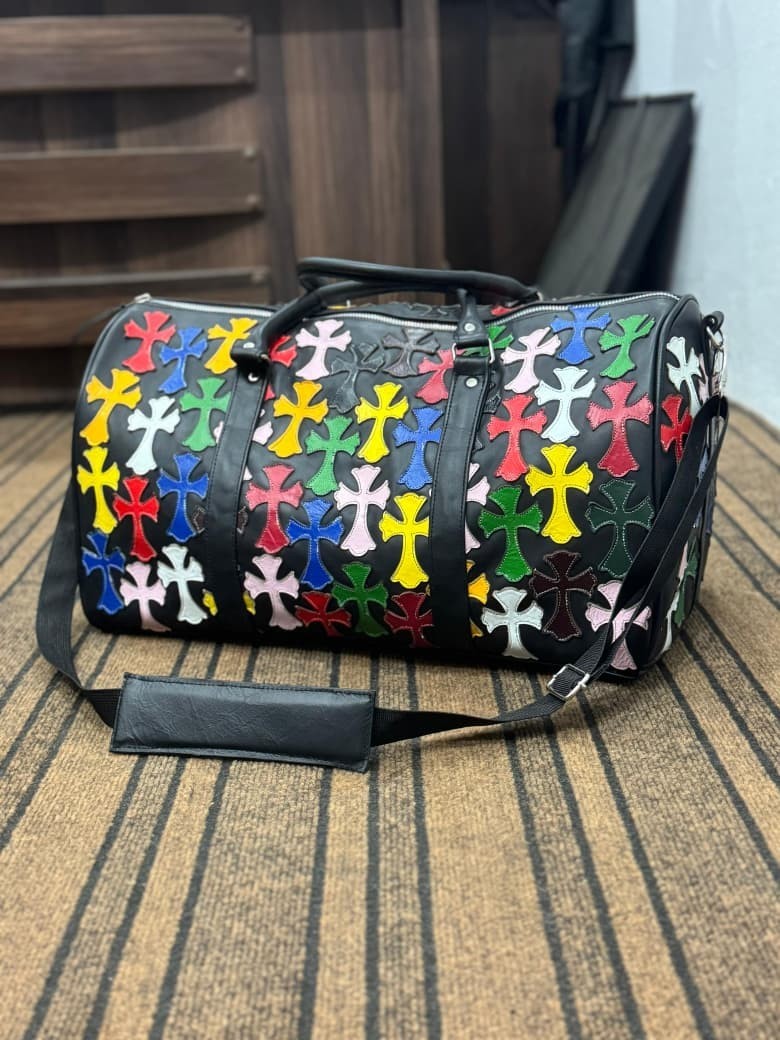 Custom Made Cowhide Leather Chrome Heart Duffle Bag Black Color S M L size