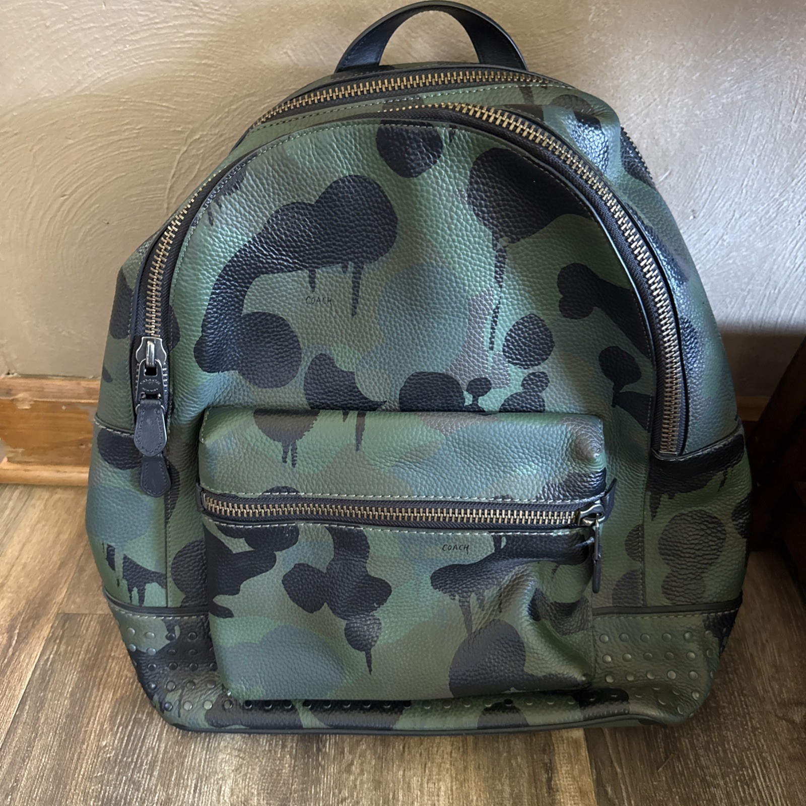 Coach Men’s “Wild Beast Drip Leopard” Print Camouflage Leather Large Backpack EC