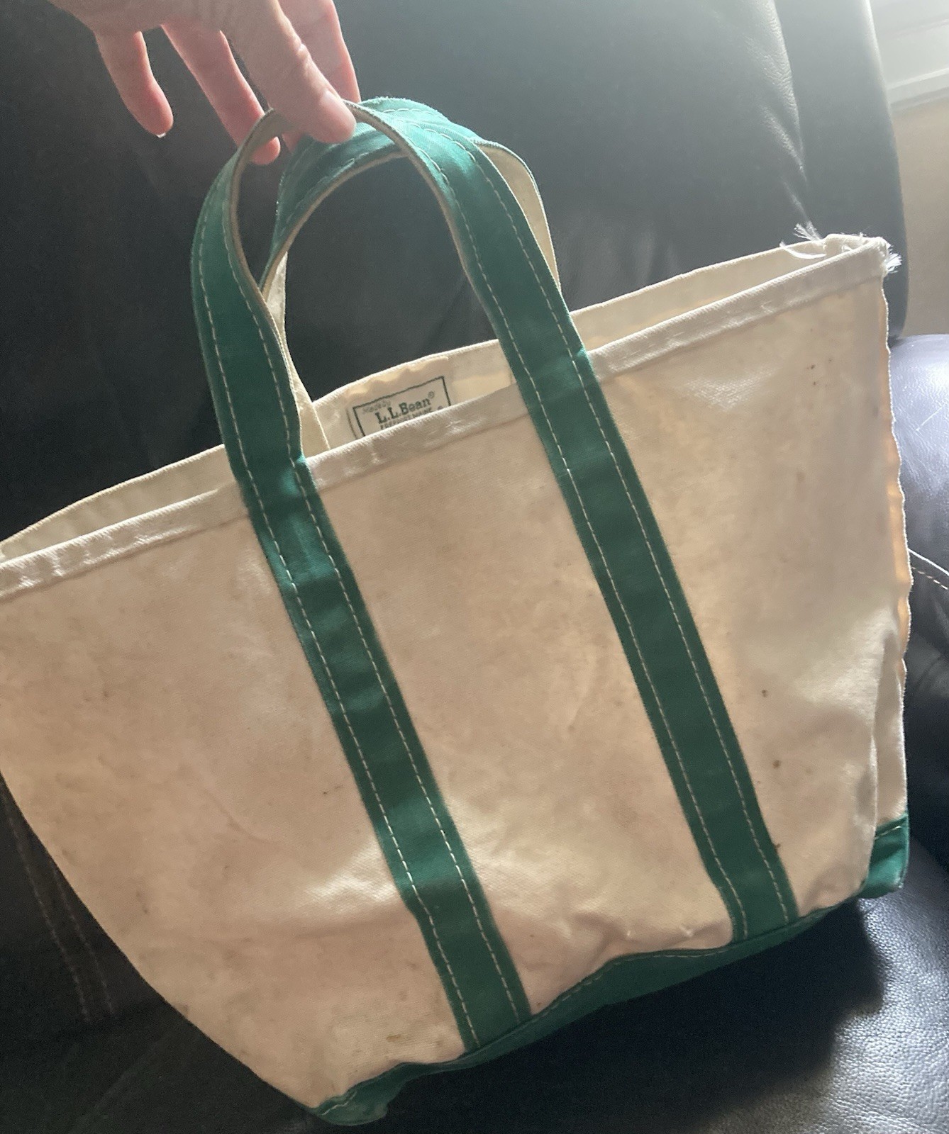 Vintage LL Bean Boat & Tote Bag USA Canvas Beige Green Medium/large