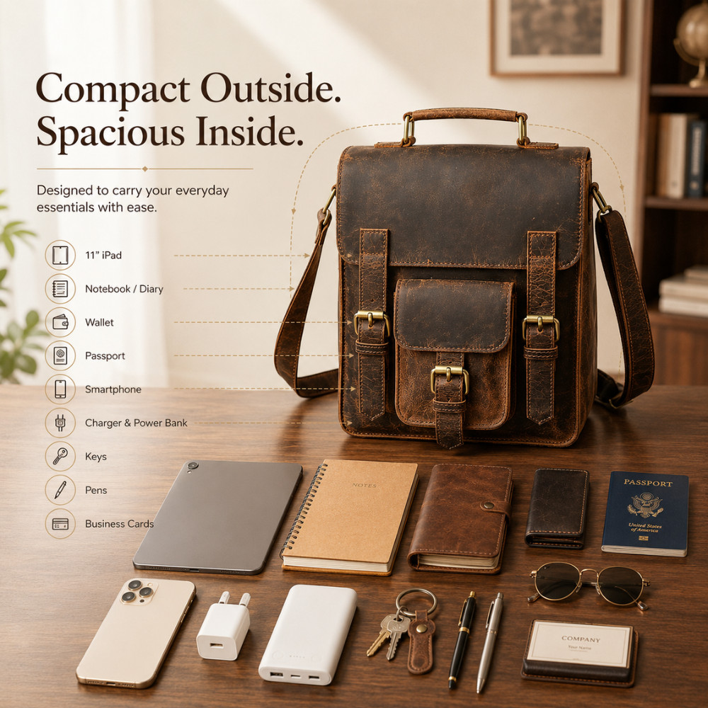 11″ Buffalo Leather Sling Bag Mens Dark Brown For iPad, Tablet Crossbody Strap