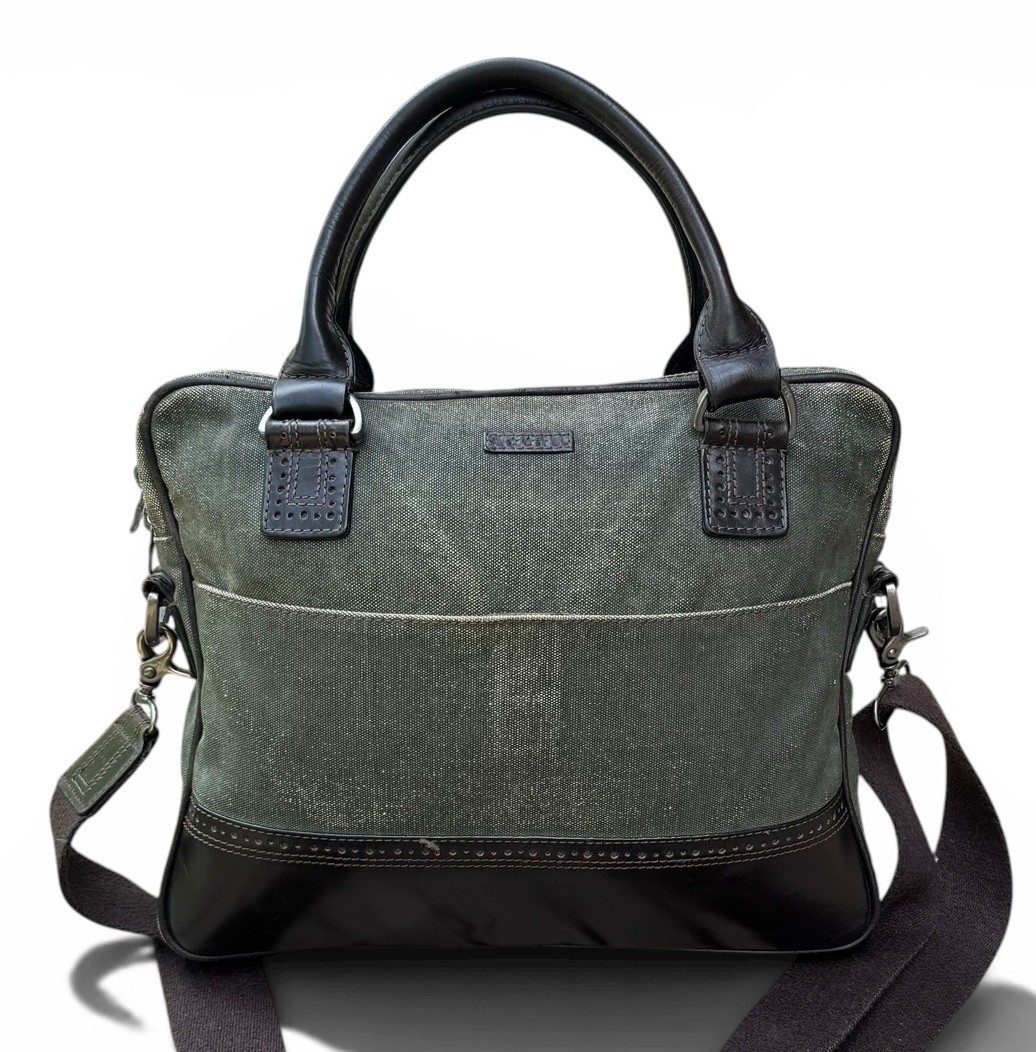 John Varvatos Distressed Olive Canvas Leather Messenger Laptop Bag Brown