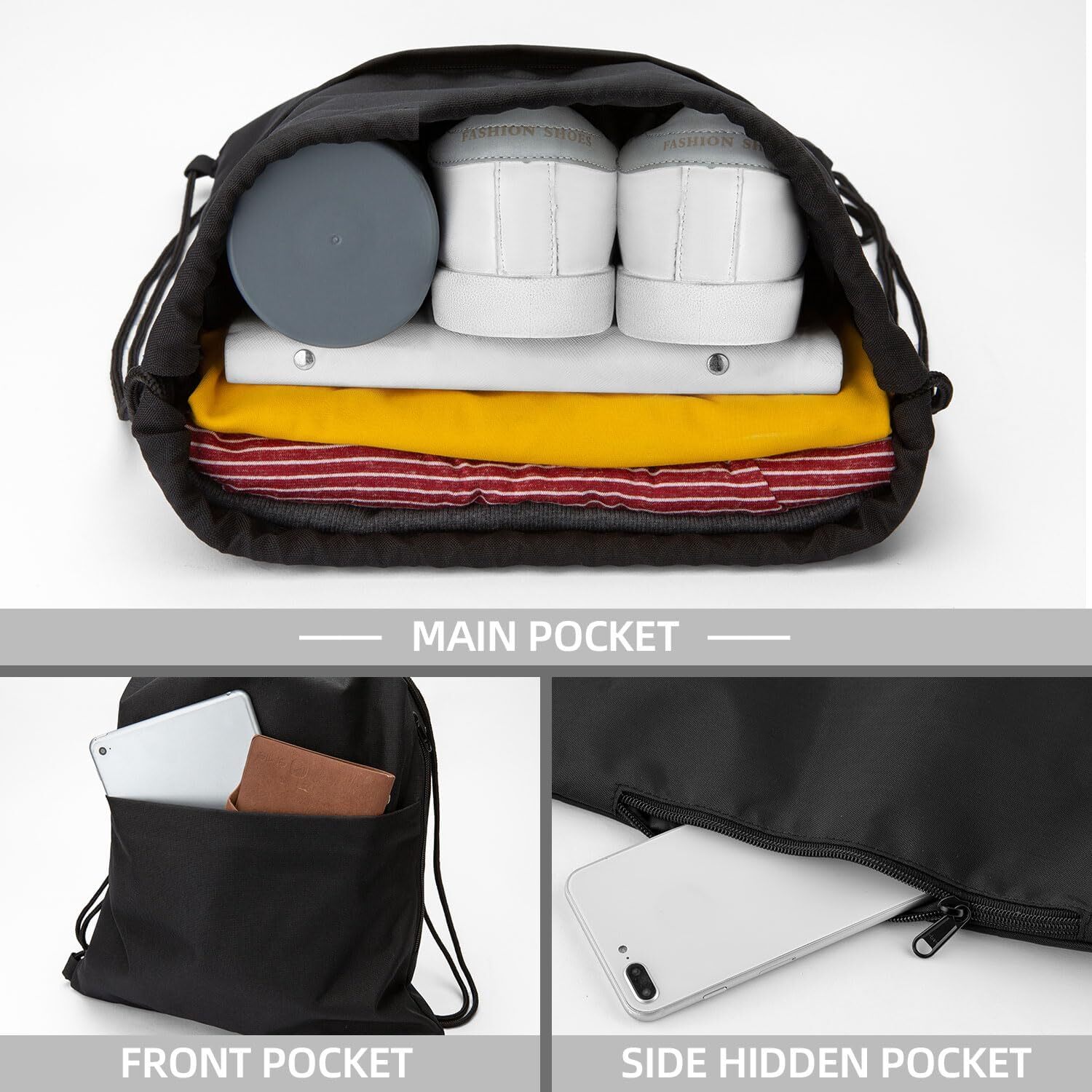 Drawstring Backpack Water Resistant String Bag Sports Sackpack with Side Pocket