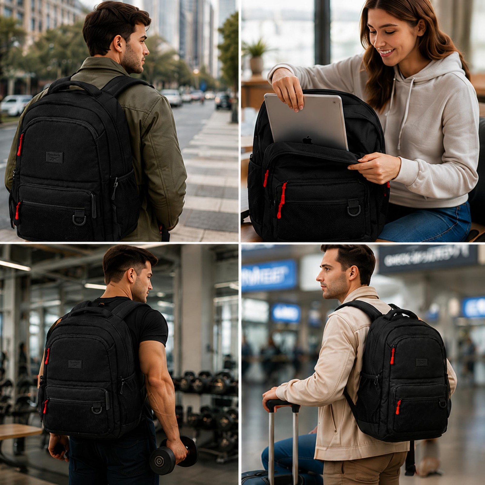 Reebok Multipurpose Lightweight Laptop Gym Commuter Backpack, Aire Black