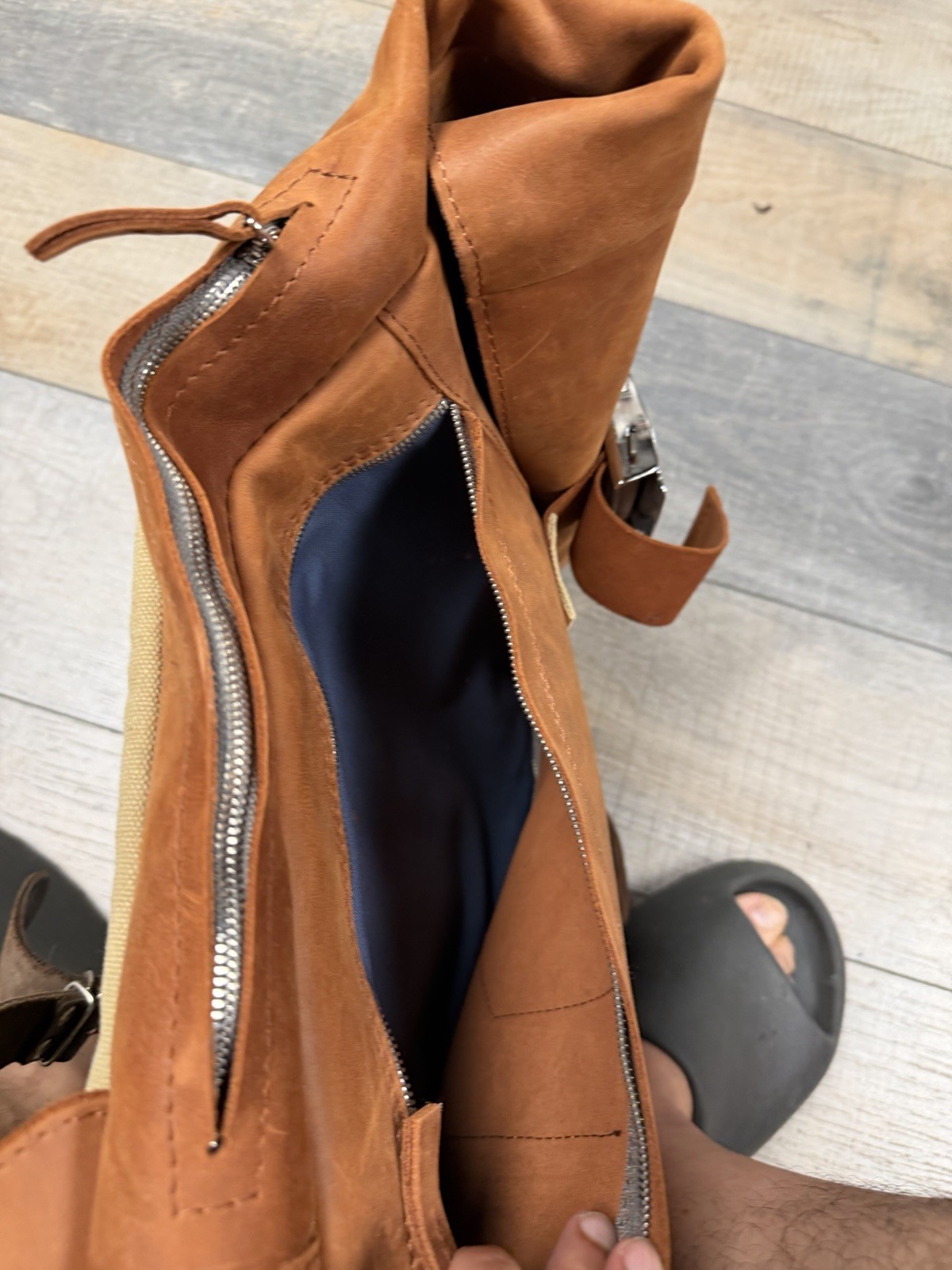 Men’s Brown Roll-Top Backpack Buckle & Zip Closure with Outer Pockets