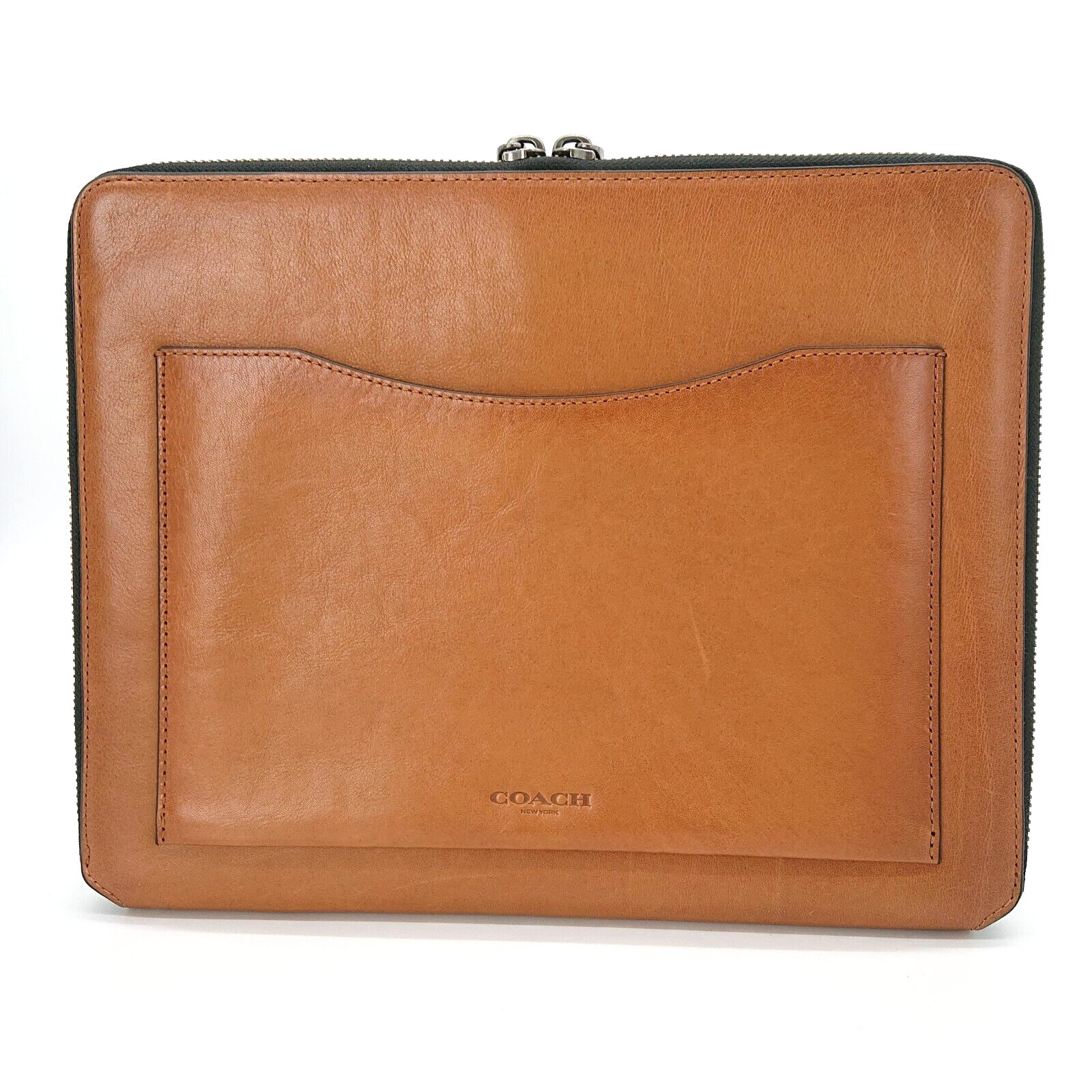 COACH Cluch Bag Tablet Case 64822 Brown Leather Round Zip Made in Vietnam